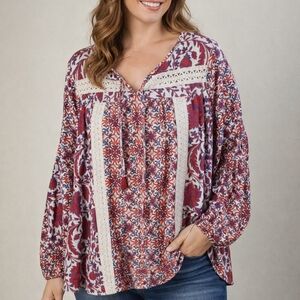 New Directions Boho Floral & Crochet Trim 100% Cotton Blouse; Size XL